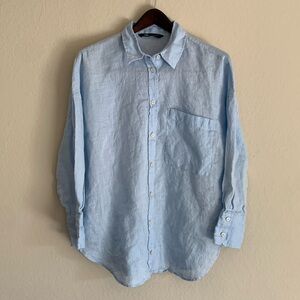 ZARA 100% Linen Light Blue Button Up Shirt 3/4 Sleeve Single Pocket Large